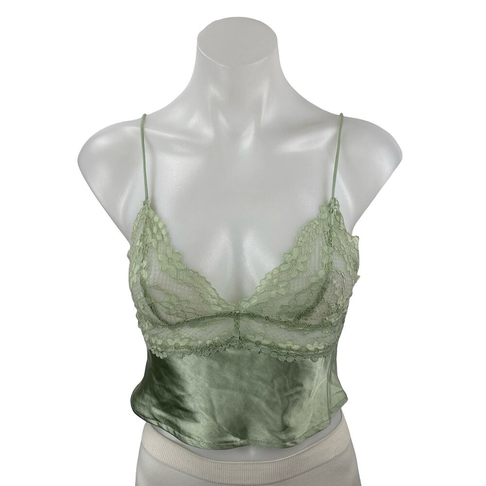 Princess Polly Isolind Women's Green Satin Lace Sheer Sleeveless Cami Tank Top 2